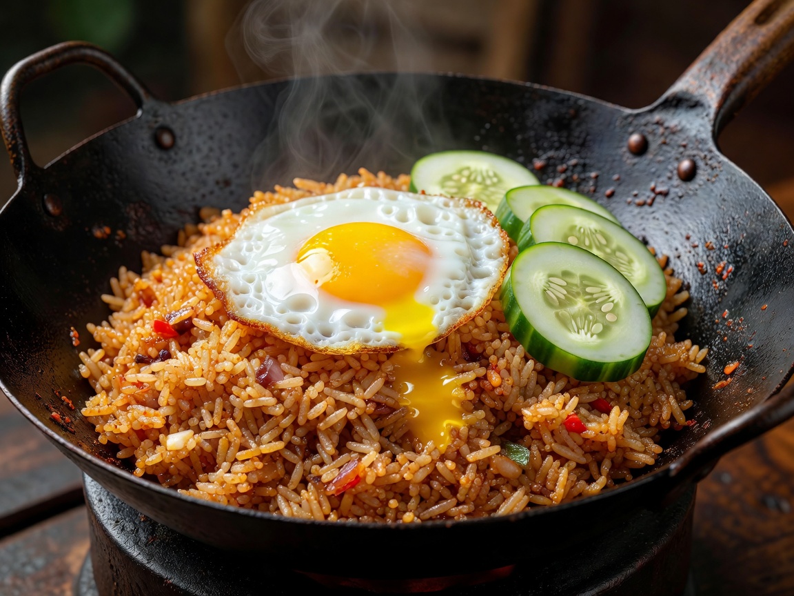 Authentic Indonesian Nasi Goreng in hot carbon steel wok with crispy fried egg and cucumber slices