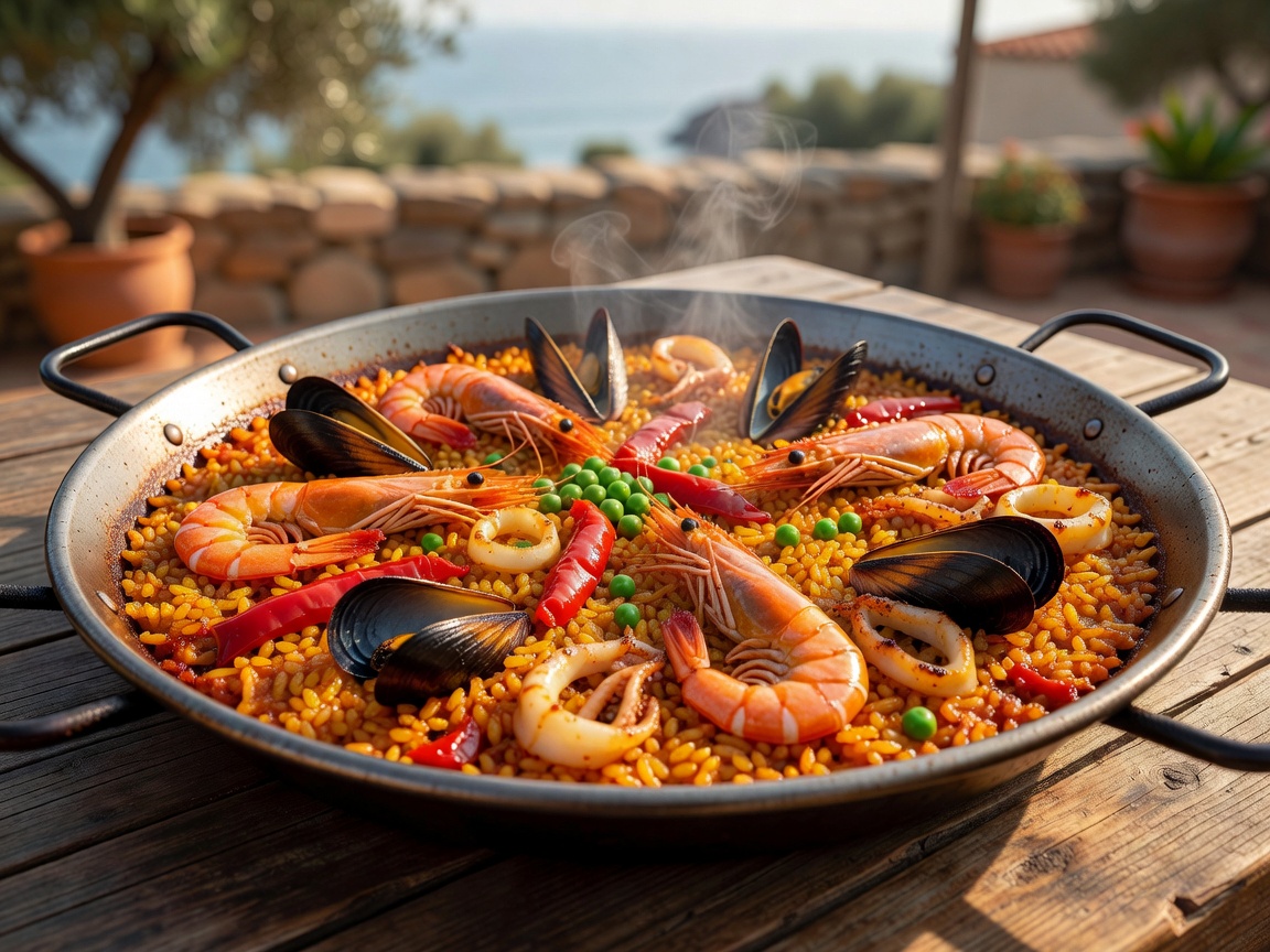 Authentic Spanish Seafood and Bomba Rice Paella cooked in wide steel pan