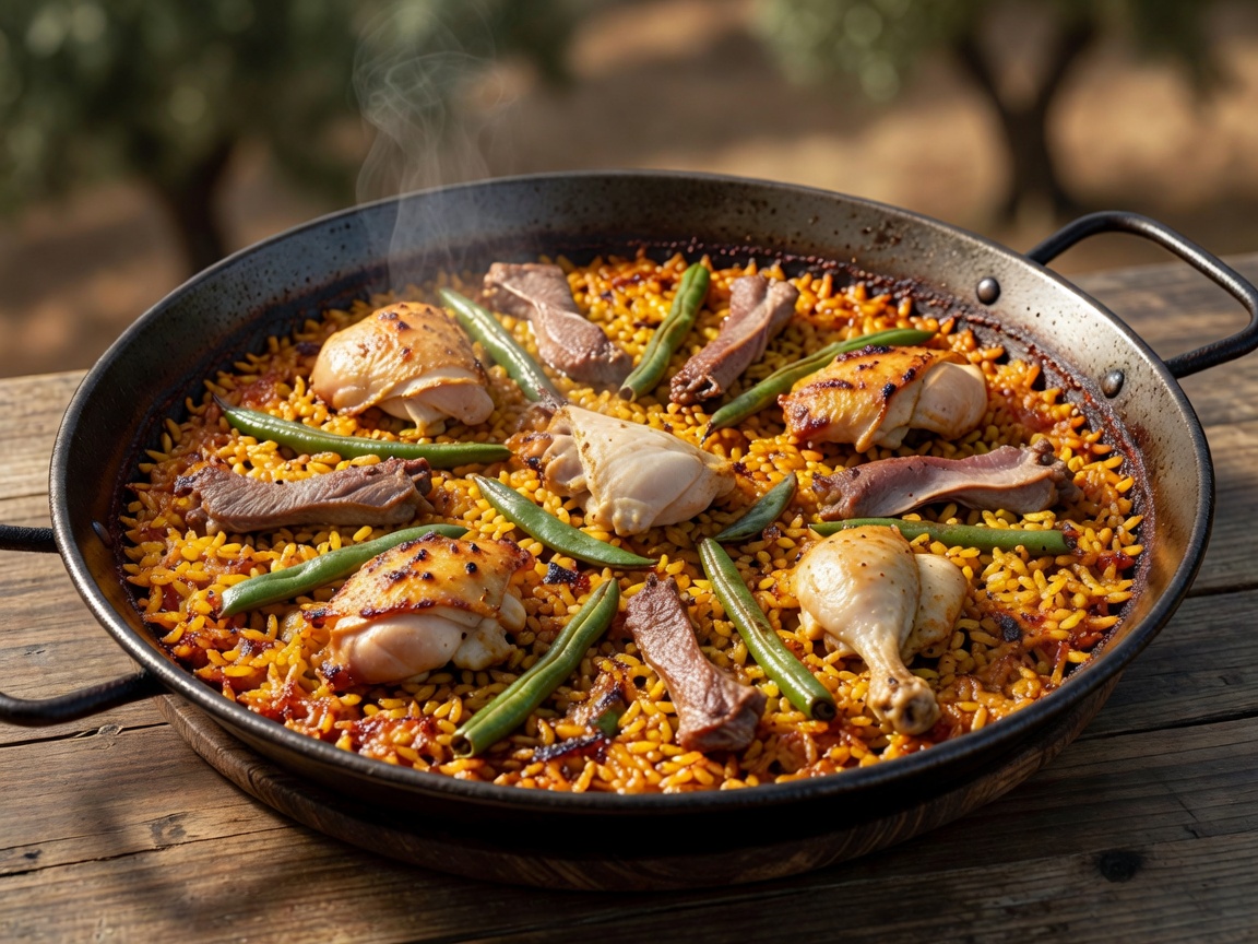 Cast iron paellera pan filled with traditional chicken rabbit and green bean Paella Valenciana