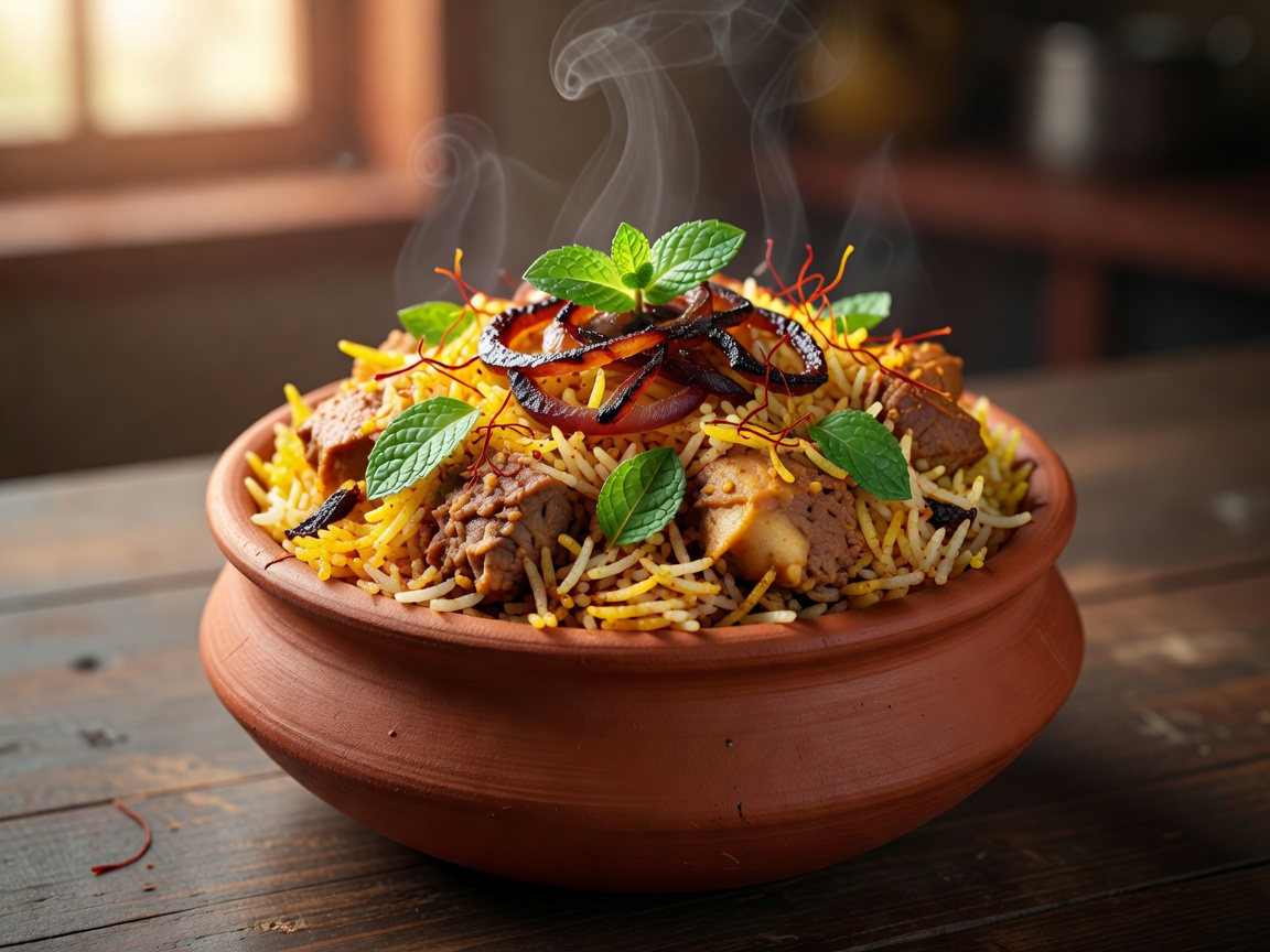 Clay handi pot of fragrant Hyderabadi Dum Biryani garnished with mint, caramelized onions, and saffron