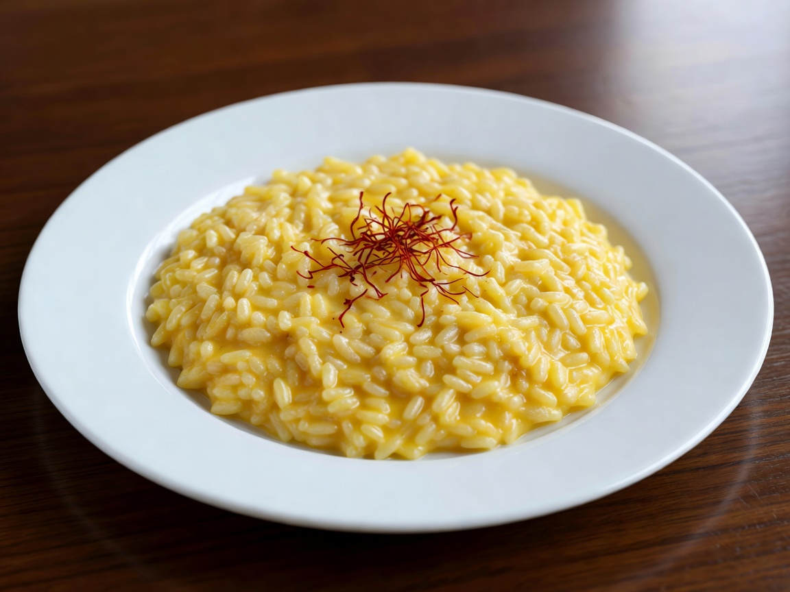 Creamy golden Risotto alla Milanese served on porcelain plate with saffron garnish