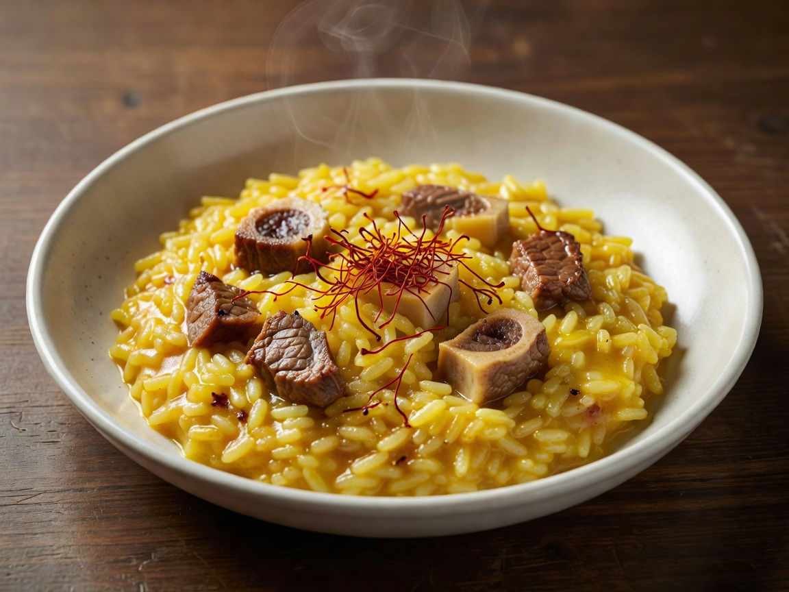Golden Risotto alla Milanese cooked with Carnaroli rice, beef bone marrow and saffron threads