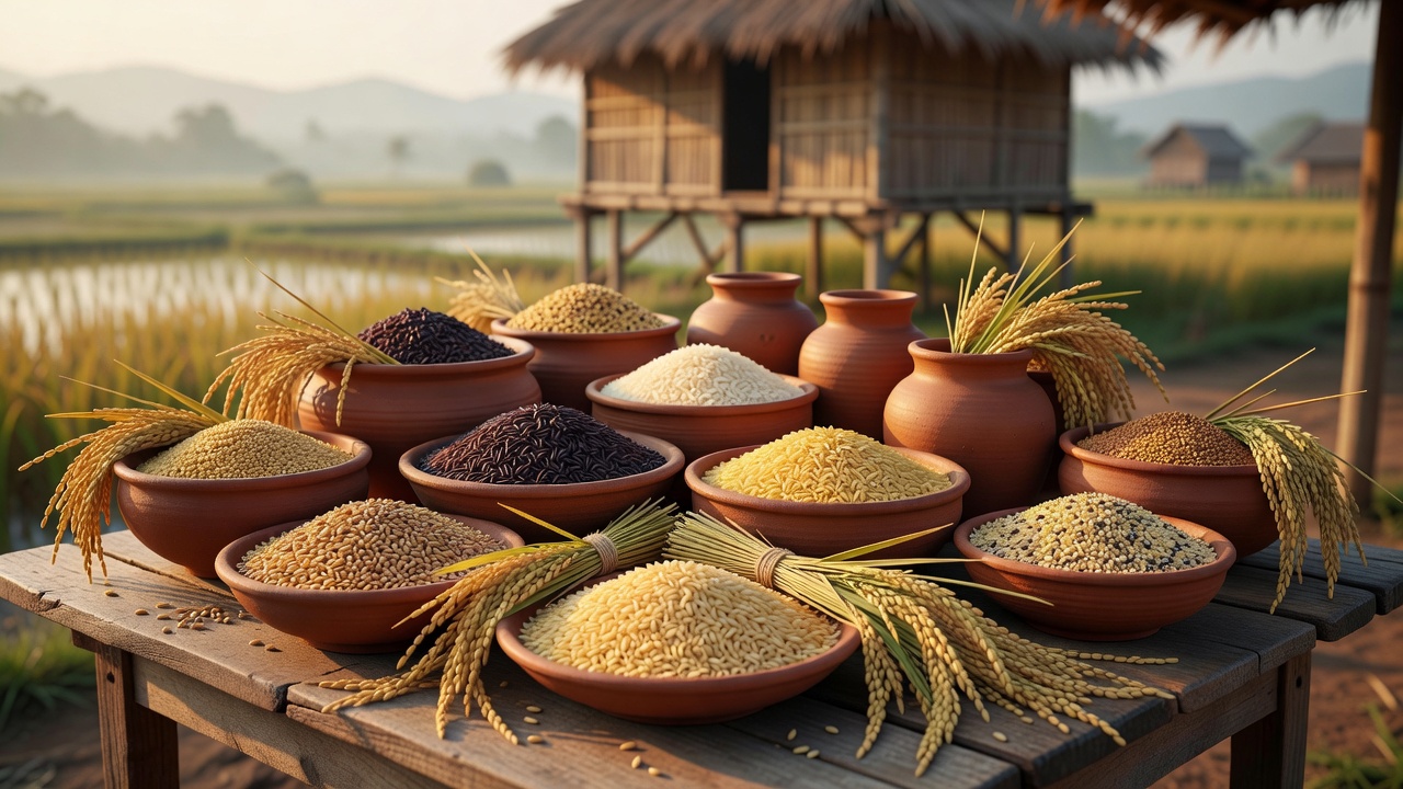 Heirloom rice and regional grain harvest in traditional clay pottery