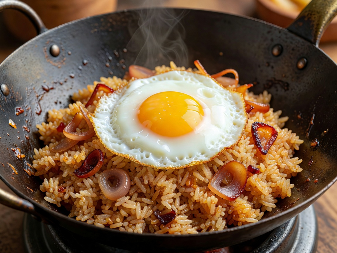 Indonesian Nasi Goreng wok-tossed jasmine rice with sunny side up egg and shallots
