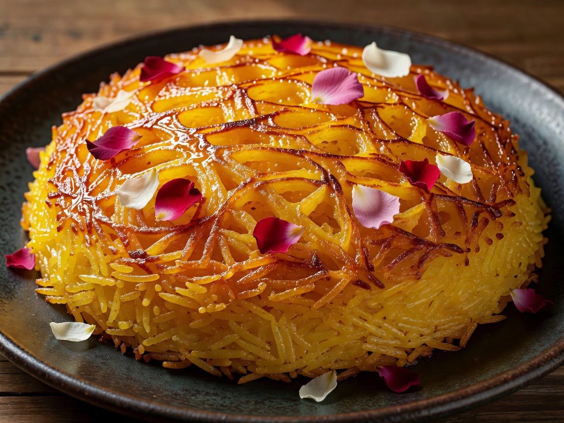Inverted Persian Saffron Tahdig with glistening golden lattice crust and edible rose petals