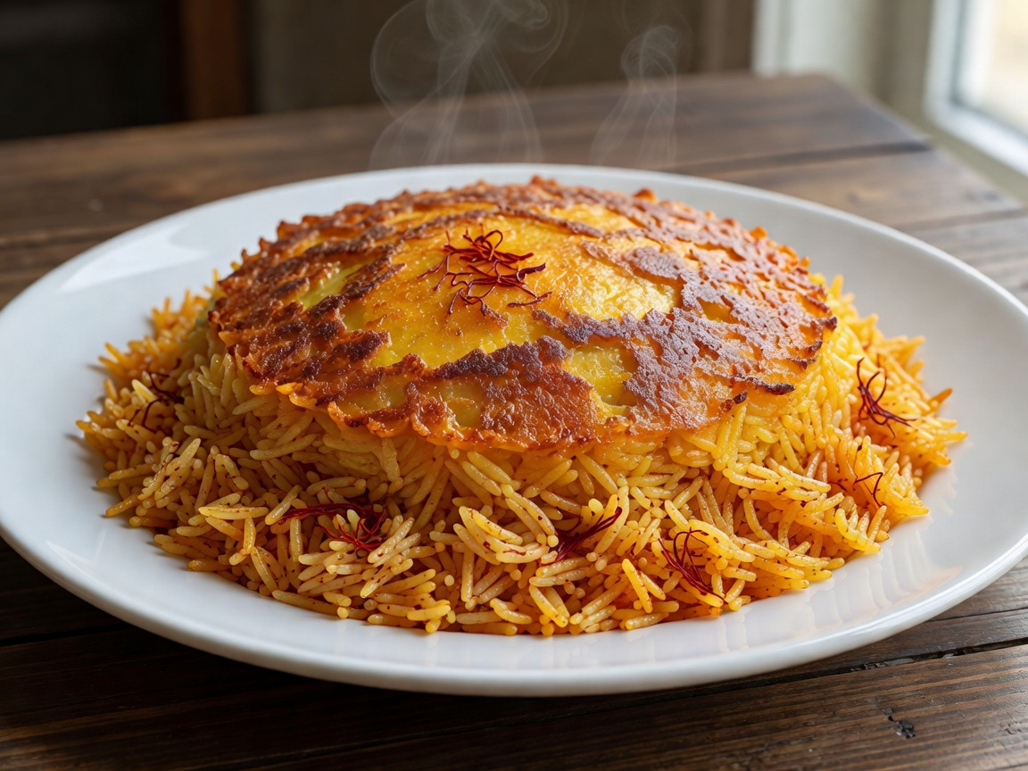Persian Saffron Rice with crispy golden brown Tahdig crust inverted onto platter