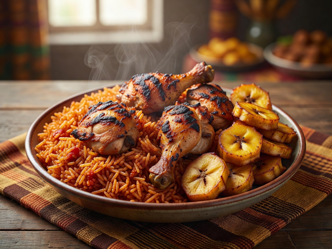Platter of West African party jollof rice served with grilled chicken and plantains