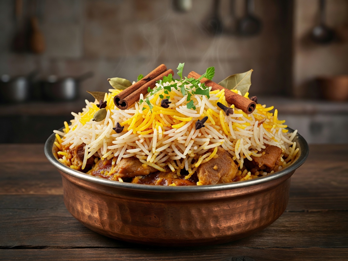 Royal Hyderabadi Dum Biryani layered with aged aromatic basmati and whole spices