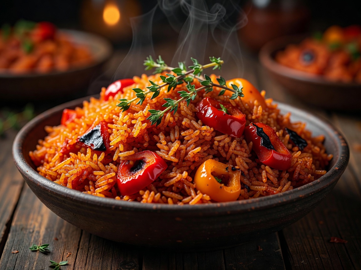 Vibrant red West African smoky party Jollof rice with roasted peppers and thyme